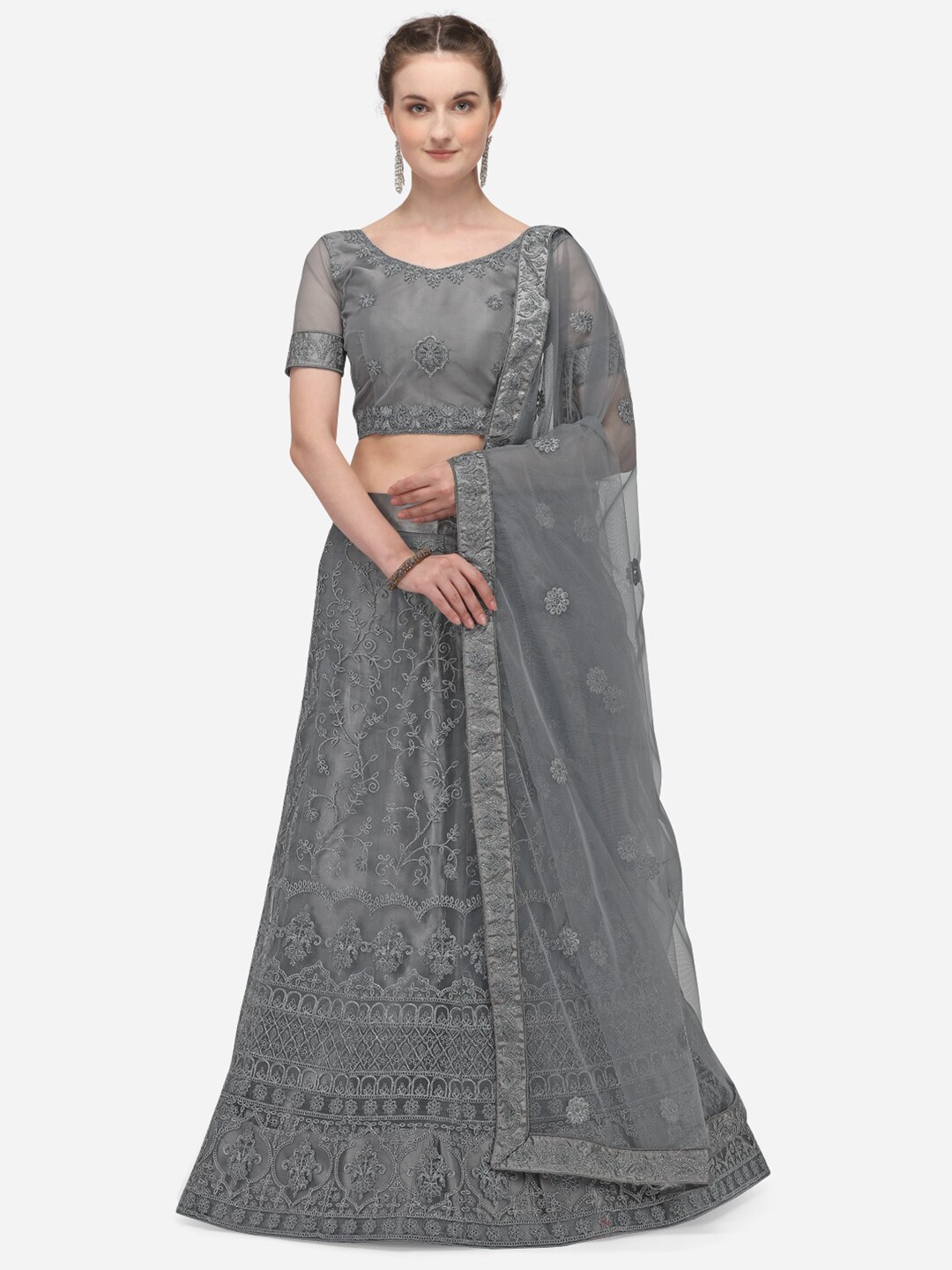 

Netram Grey Embroidered Semi-Stitched Lehenga & Unstitched Blouse With Dupatta
