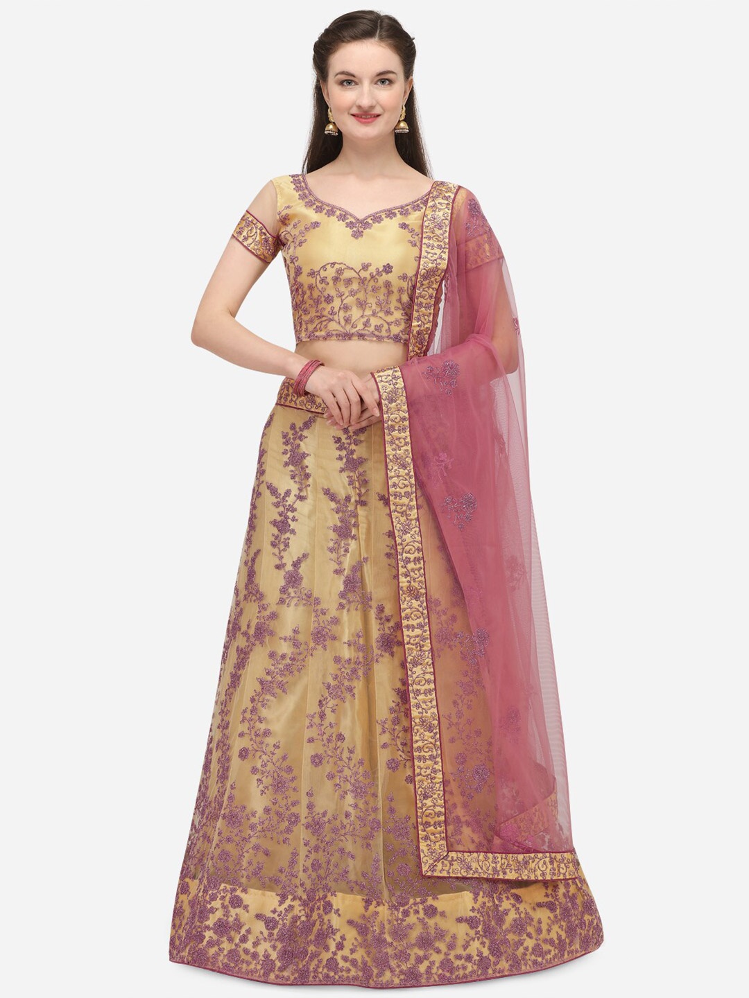 

Netram Beige & Purple Embroidered Semi-Stitched Lehenga & Unstitched Blouse With Dupatta