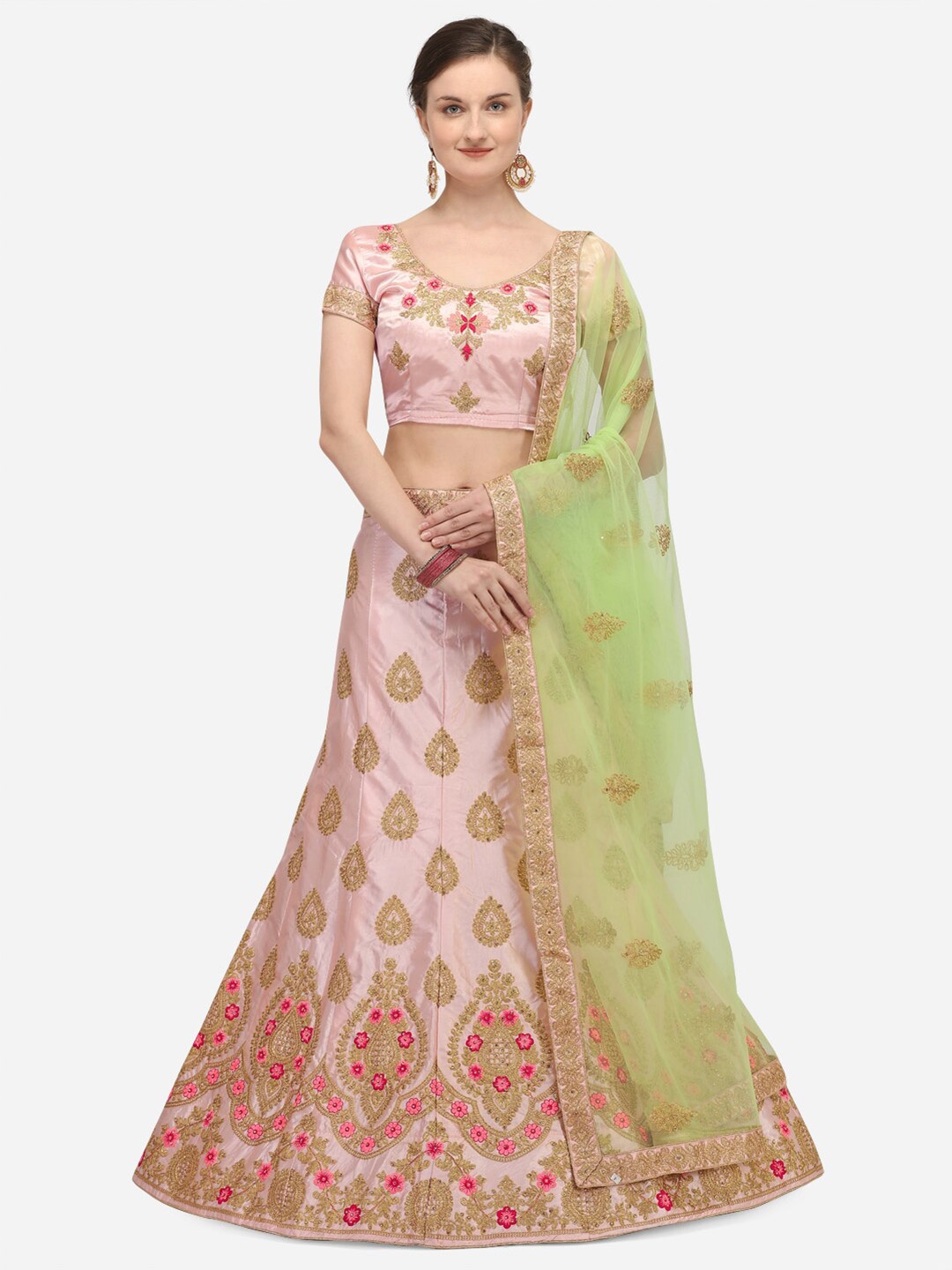 

Netram Pink & Green Embroidered Semi-Stitched Lehenga & Unstitched Blouse With Dupatta