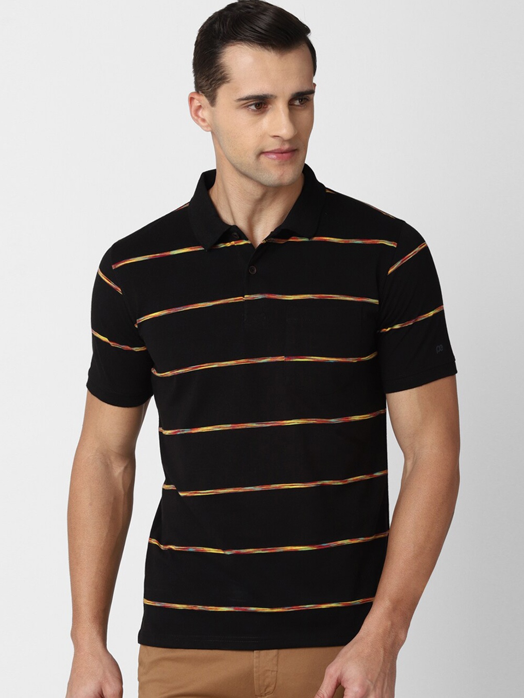 

Peter England Casuals Men Black & Yellow Striped Polo Collar T-shirt