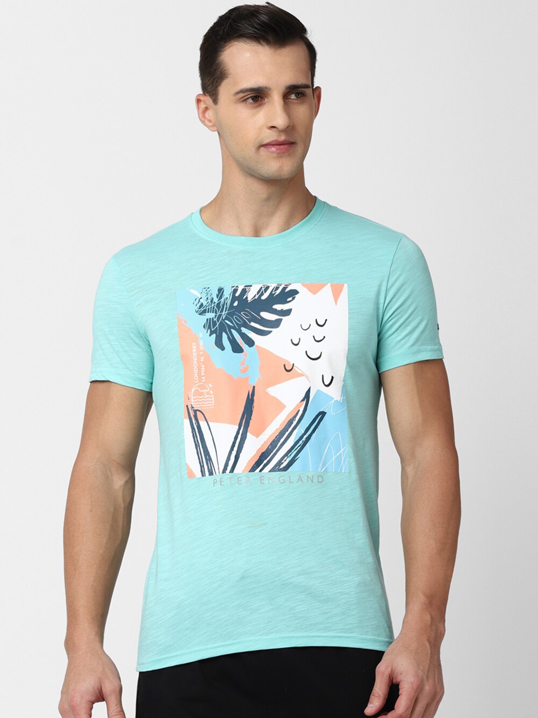 

Peter England Casuals Men Green Printed Slim Fit Cotton T-shirt