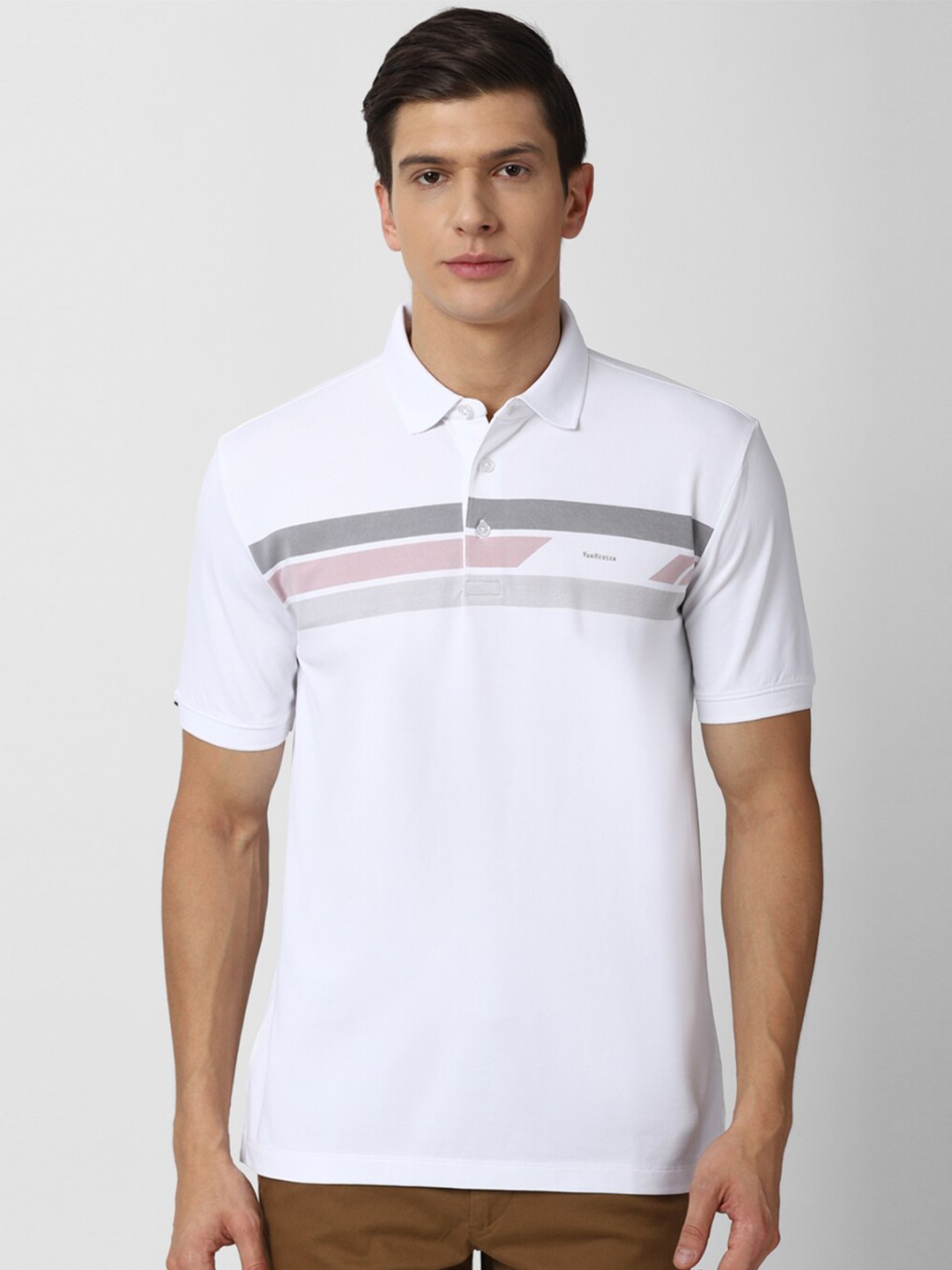 

Van Heusen Men White Striped Polo Collar T-shirt