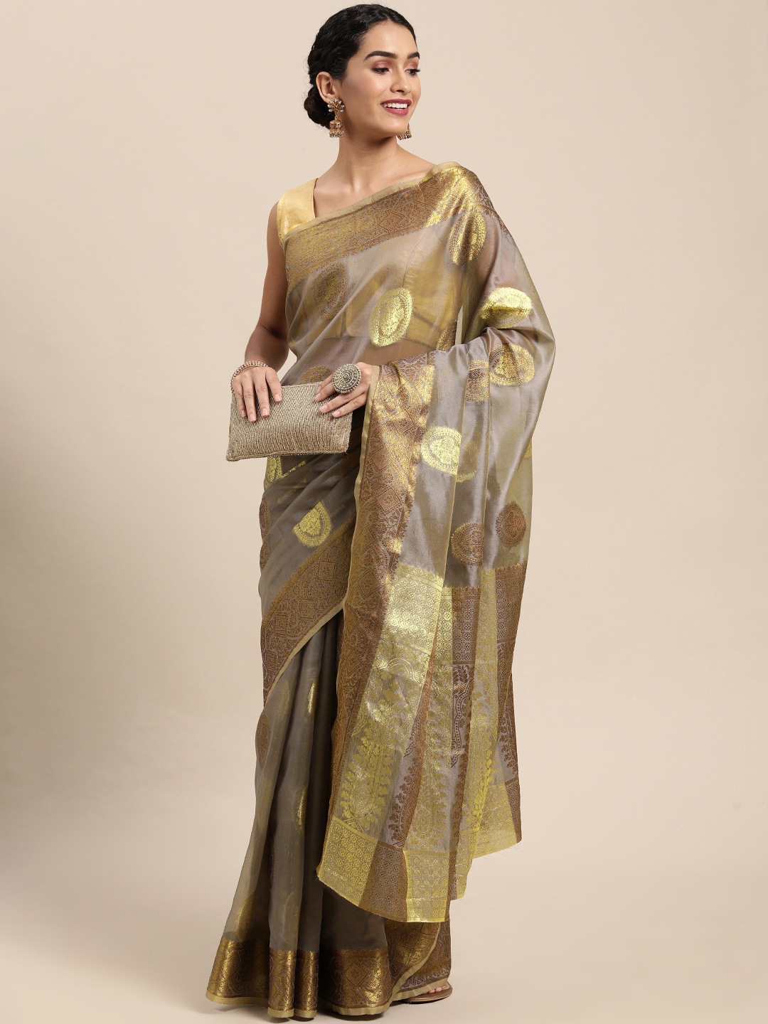 

Mitera Grey Ethnic Motifs Zari Organza Kanjeevaram Saree