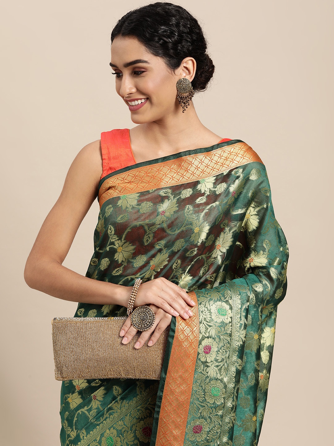 

Mitera Green & Gold-Toned Ethnic Motifs Zari Organza Saree