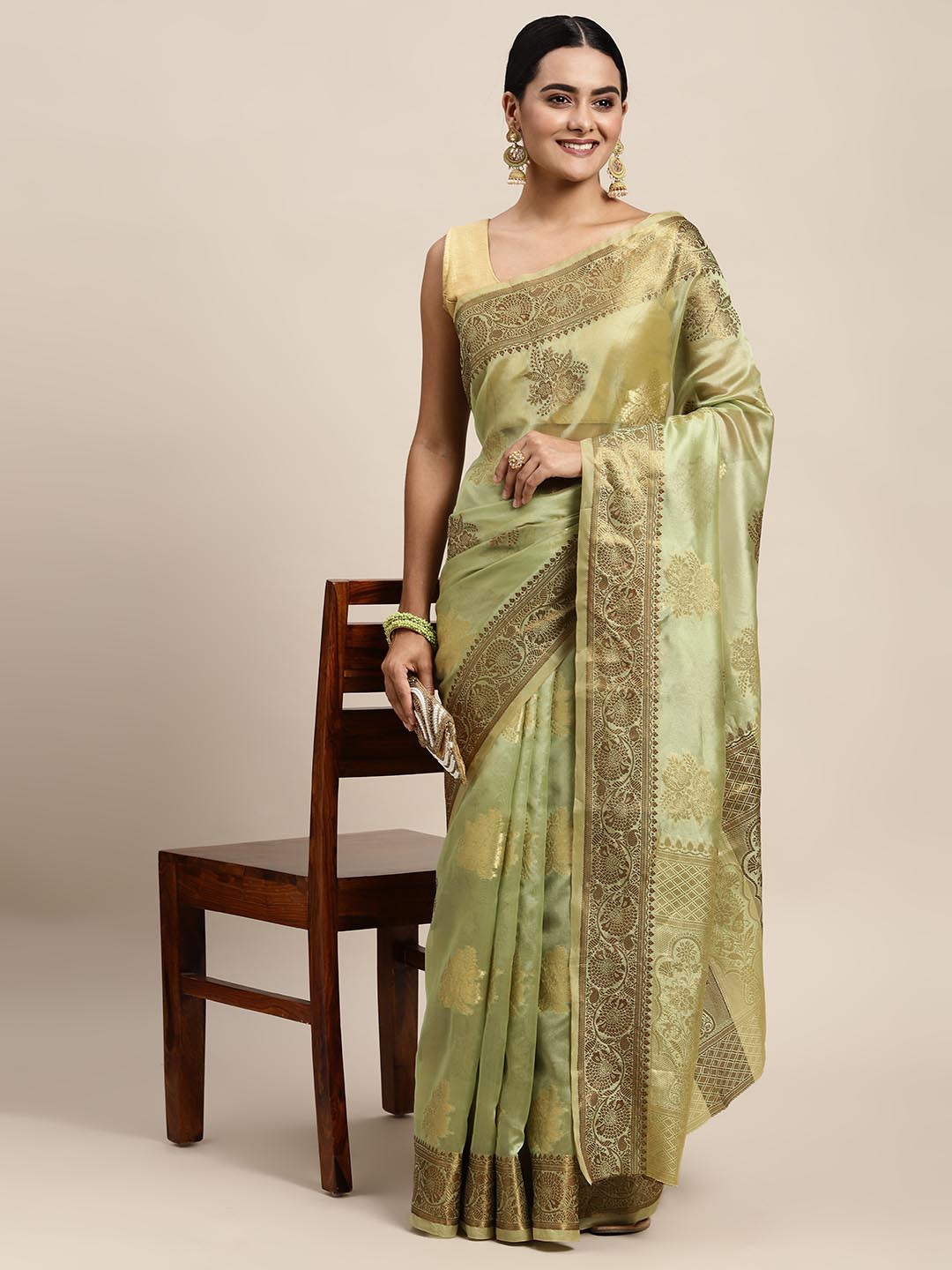 

Mitera Green Floral Zari Organza Kanjeevaram Saree