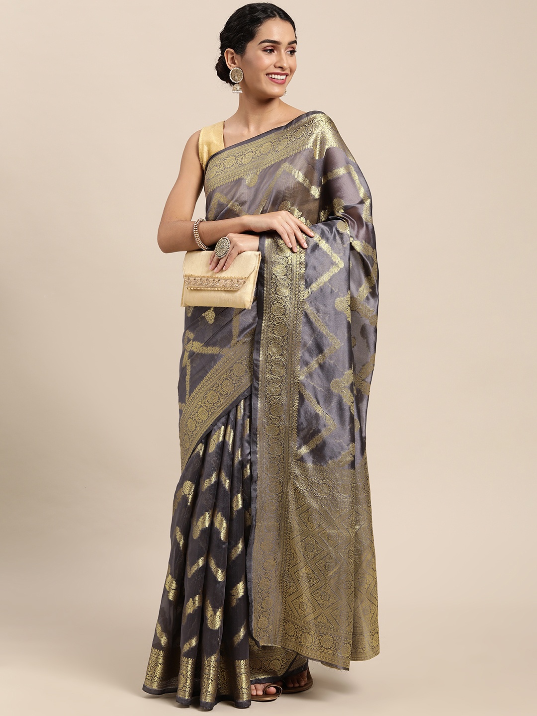 

Mitera Grey Ethnic Motifs Zari Organza Kanjeevaram Saree