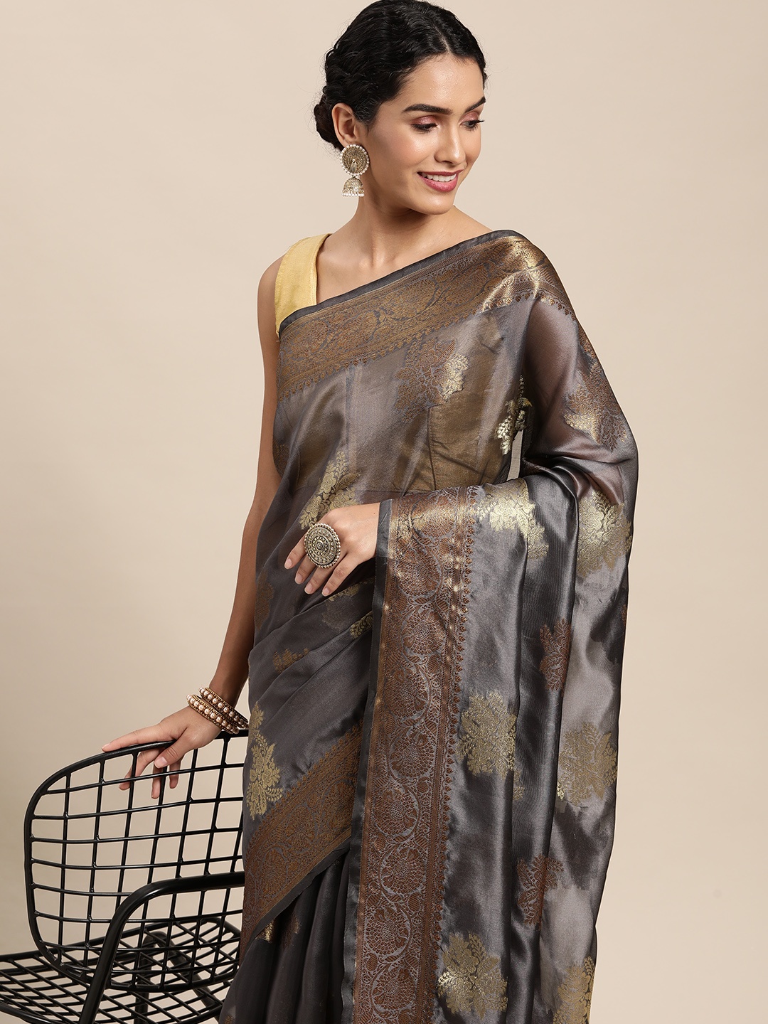 

Mitera Grey Floral Zari Organza Kanjeevaram Saree