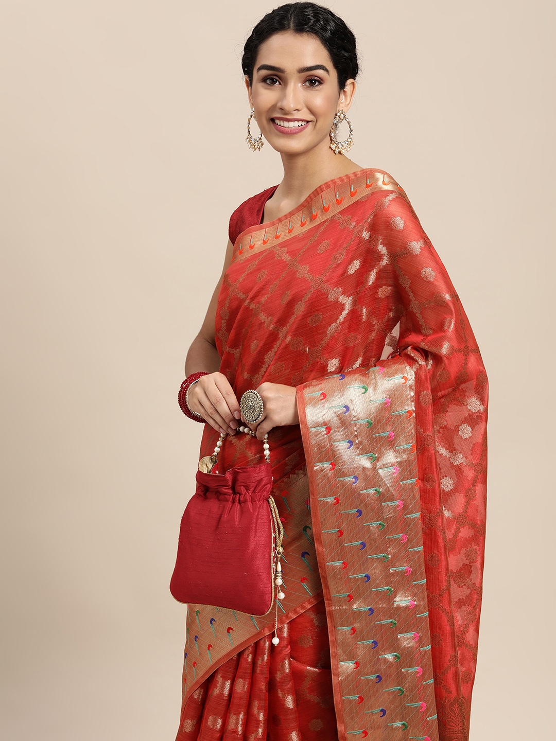 

Mitera Red & Gold-Toned Ethnic Motifs Zari Organza Saree