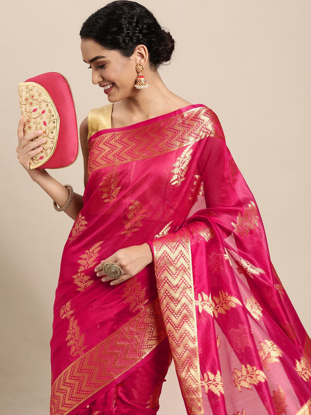 

Mitera Pink Floral Zari Organza Kanjeevaram Saree