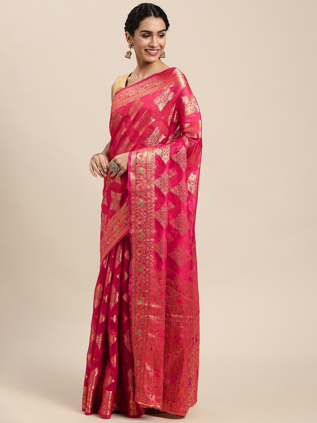 

Mitera Red Ethnic Motifs Zari Organza Kanjeevaram Saree