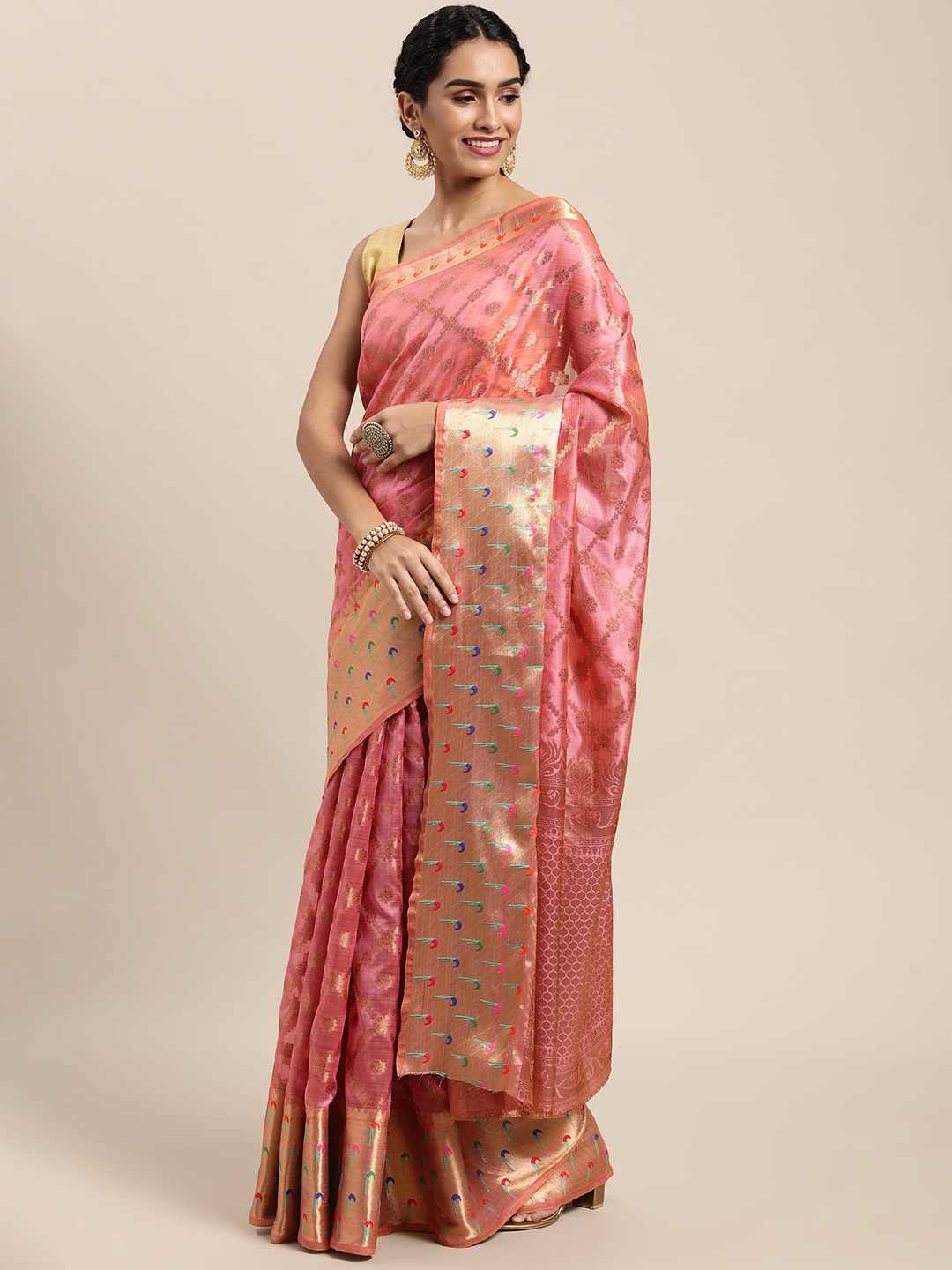 

Mitera Pink Ethnic Motifs Zari Organza Kanjeevaram Saree