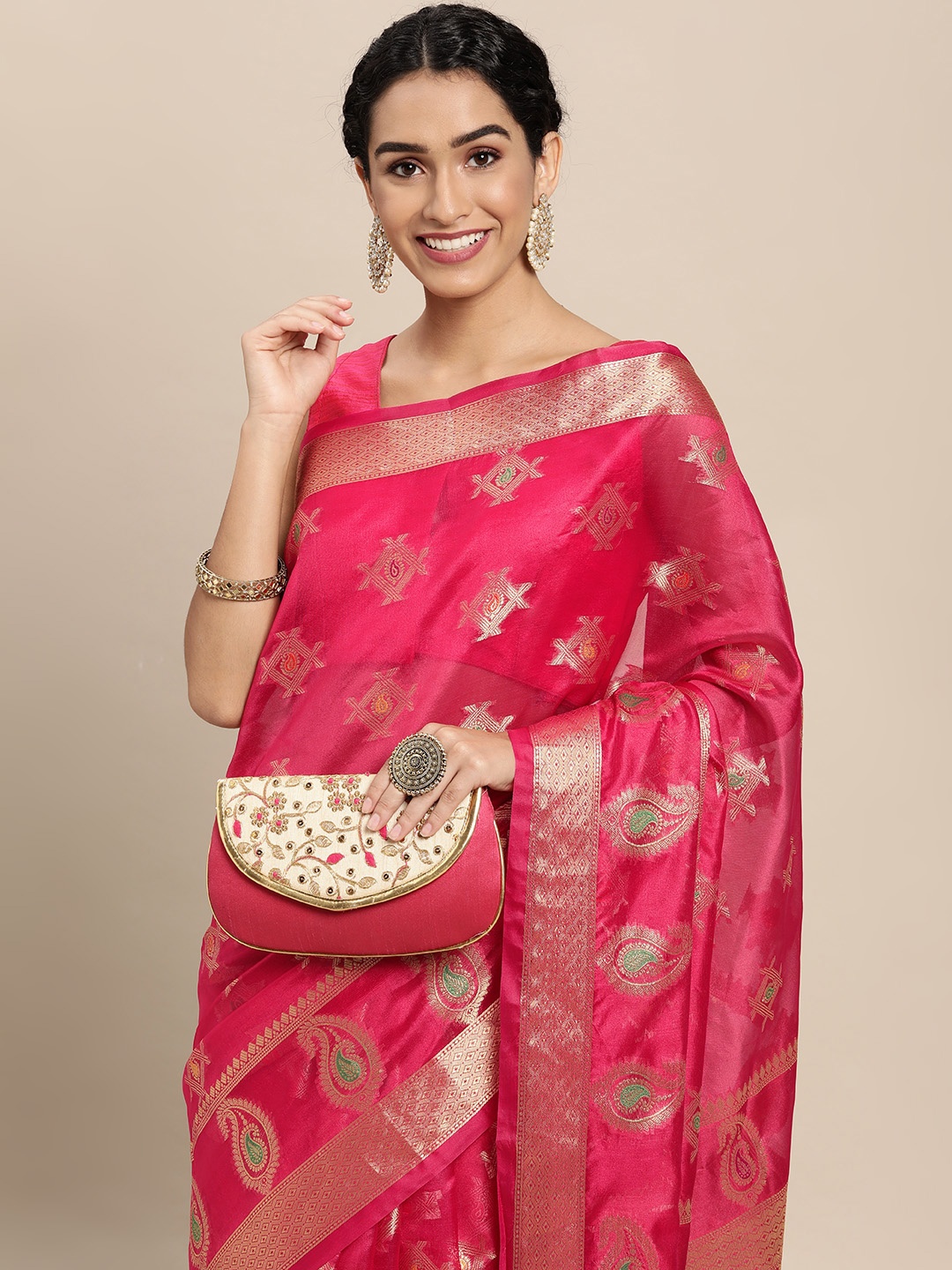 

Mitera Pink & Gold-Toned Ethnic Motifs Zari Organza Saree