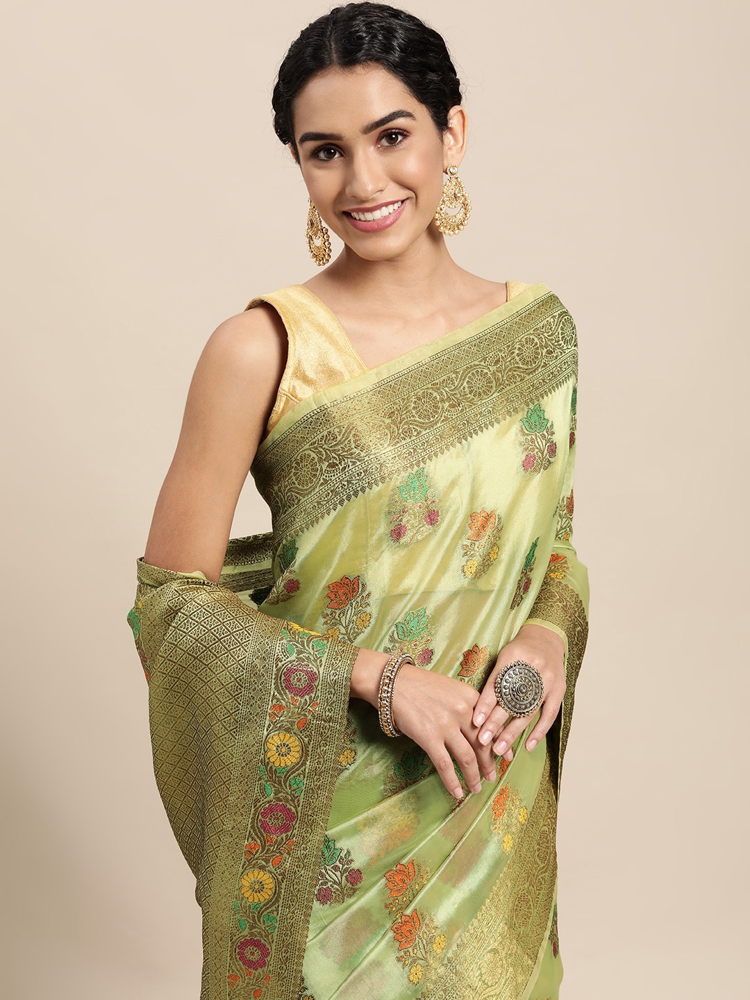 

Mitera Green & Gold-Toned Ethnic Motifs Zari Organza Saree