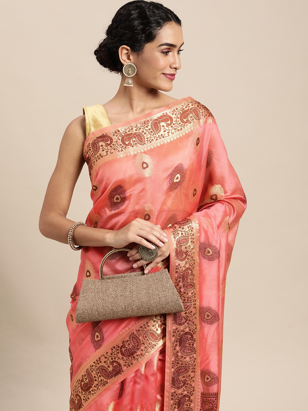 

Mitera Pink Ethnic Motifs Zari Organza Kanjeevaram Saree
