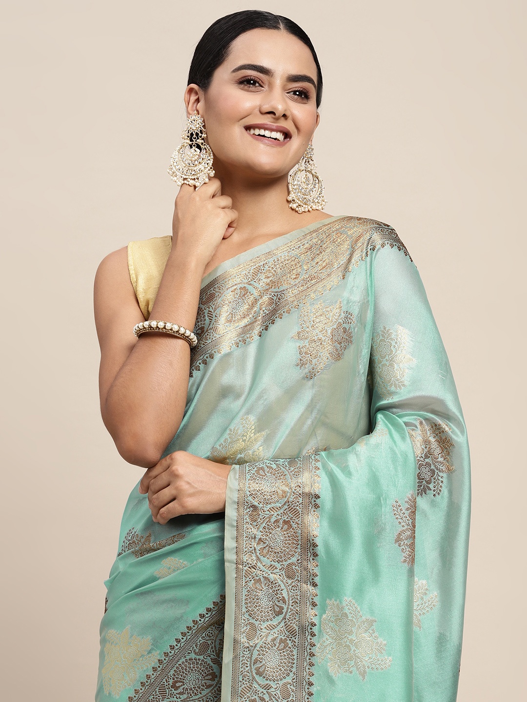 

Mitera Blue Floral Zari Organza Kanjeevaram Saree