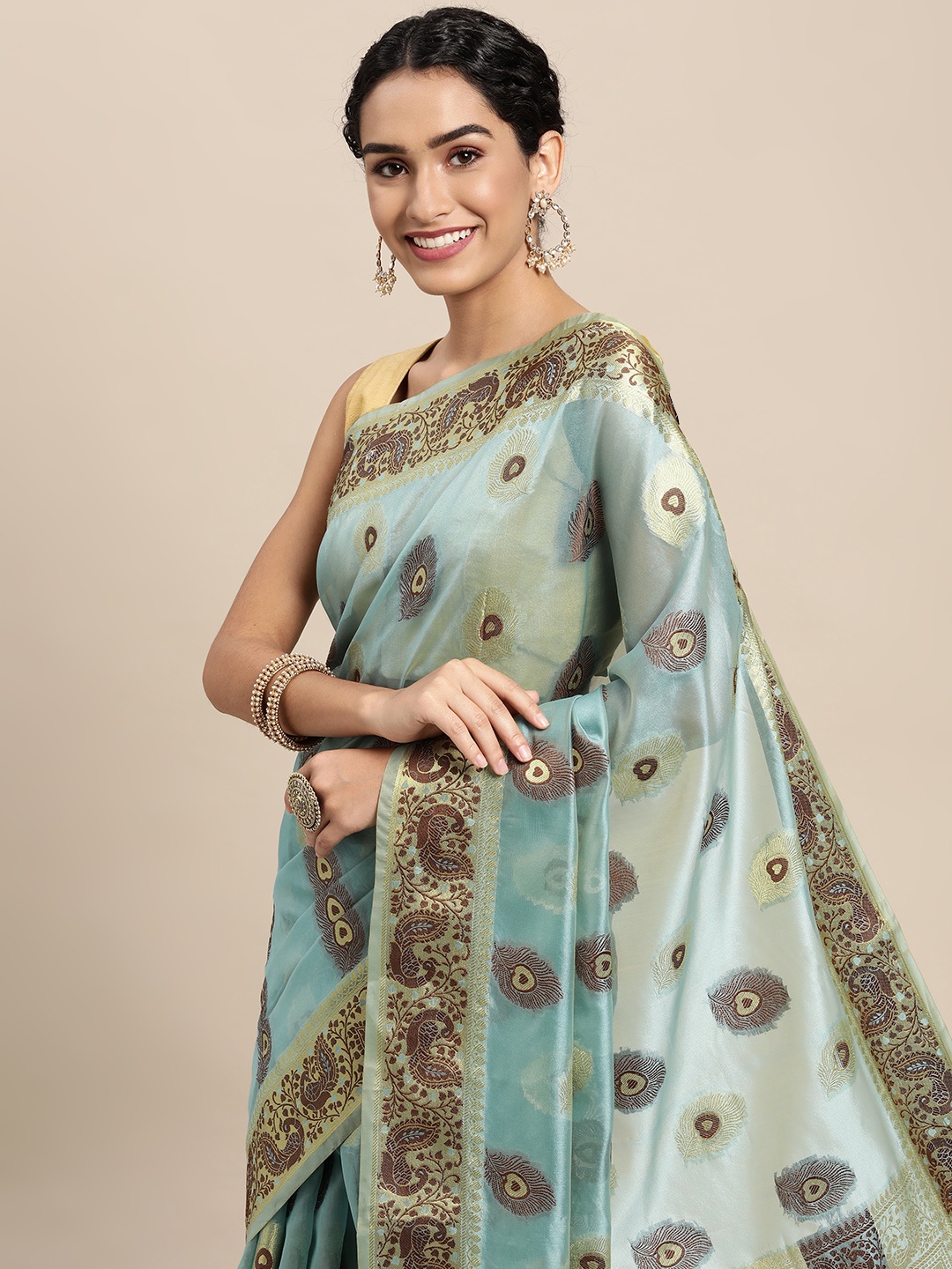 

Mitera Blue & Gold-Toned Ethnic Motifs Zari Organza Saree