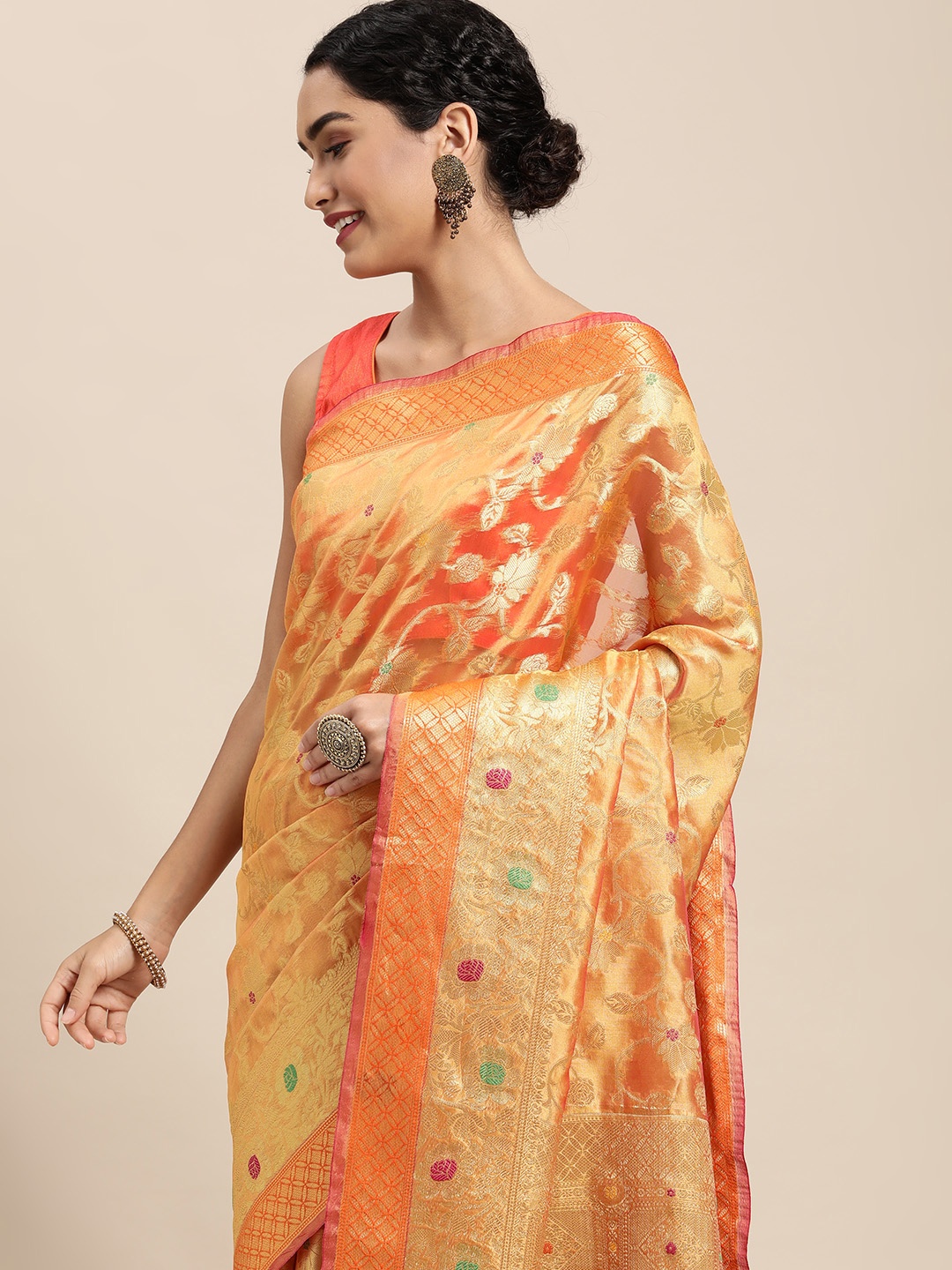 

Mitera Orange & Gold-Toned Ethnic Motifs Zari Organza Saree