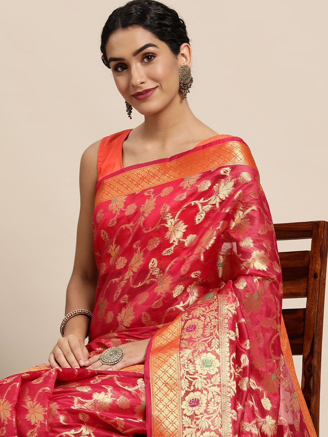 

Mitera Pink & Gold-Toned Ethnic Motifs Zari Organza Saree