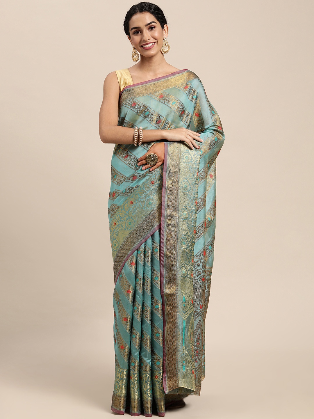 

Mitera Blue Ethnic Motifs Zari Organza Kanjeevaram Saree