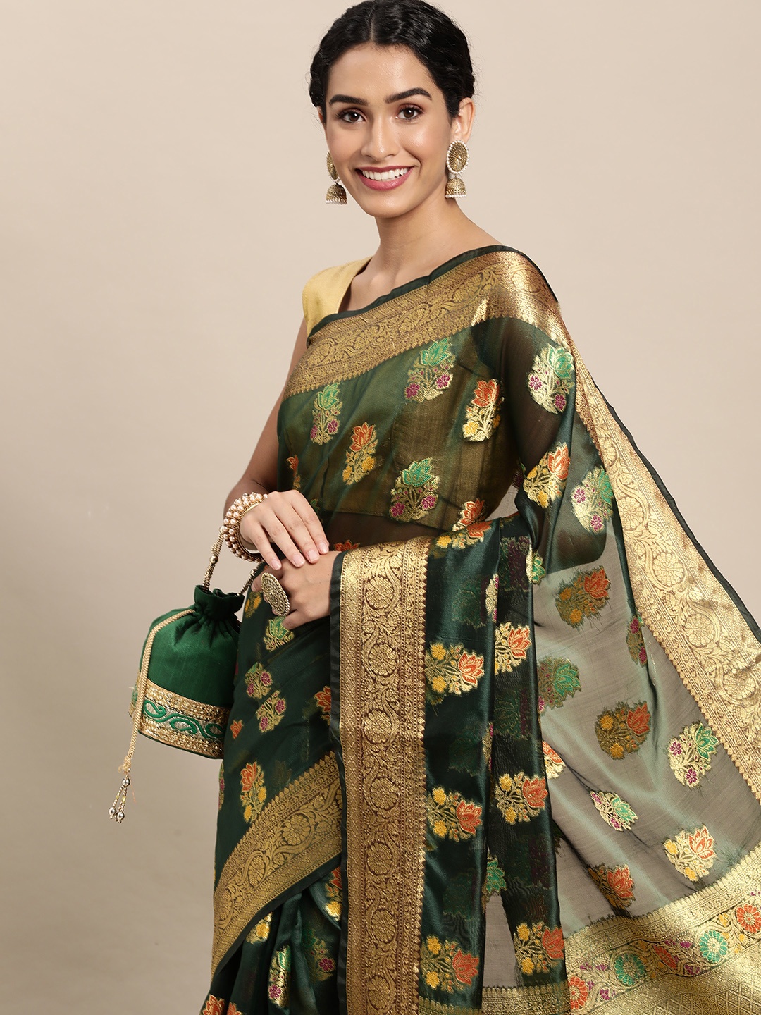 

Mitera Green Floral Zari Organza Kanjeevaram Saree