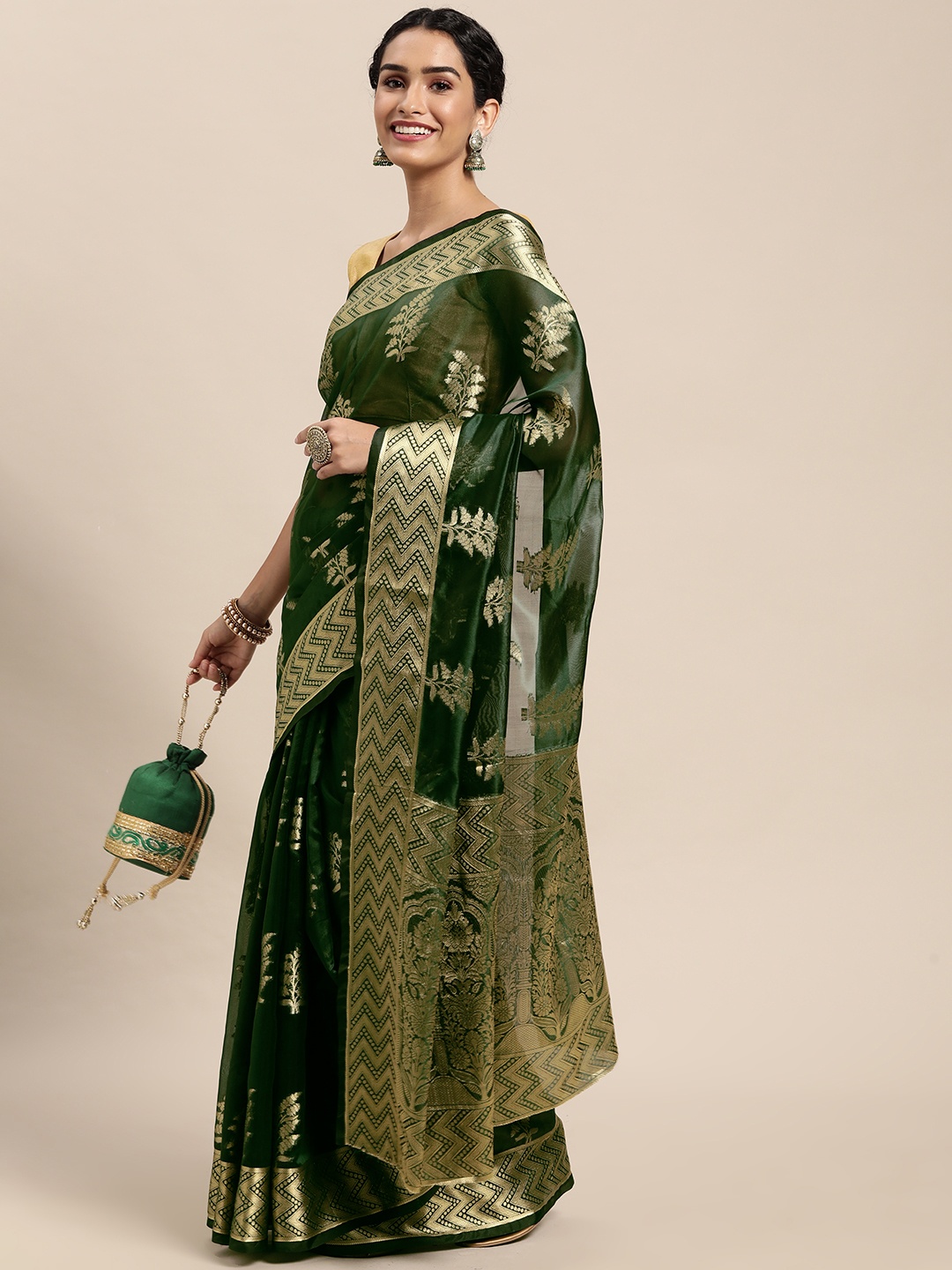 

Mitera Green Floral Zari Organza Kanjeevaram Saree