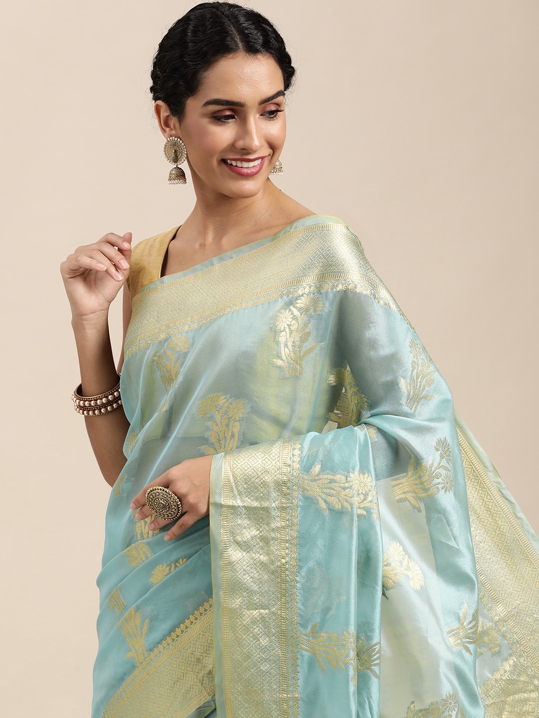 

Mitera Blue Floral Zari Organza Kanjeevaram Saree