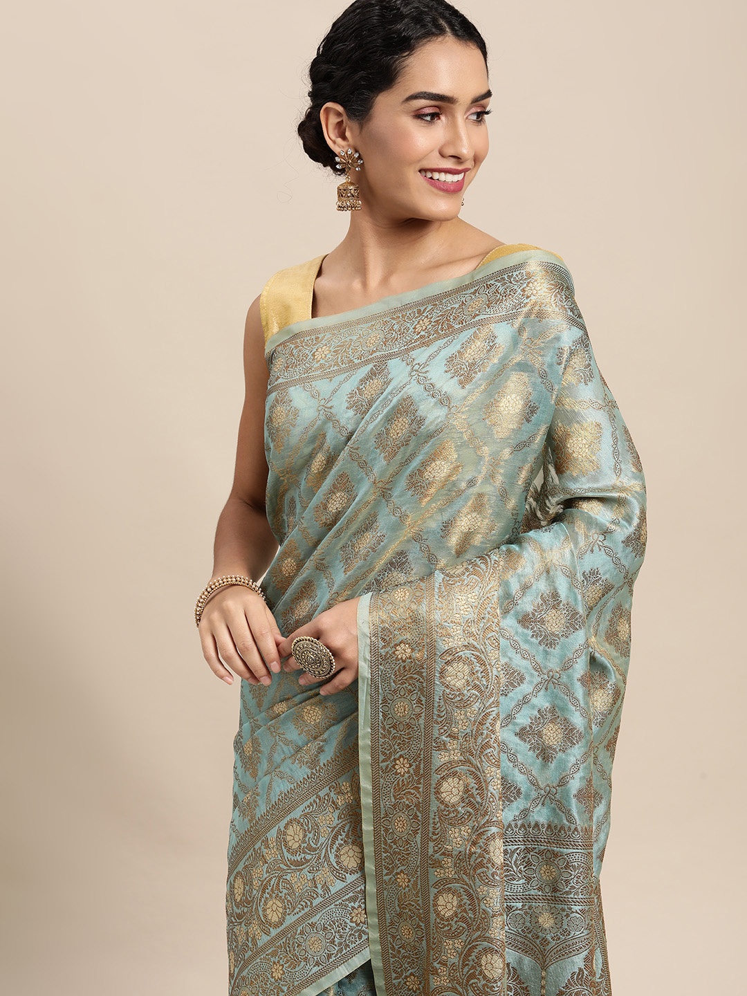 

Mitera Blue & Gold-Toned Ethnic Motifs Zari Organza Saree