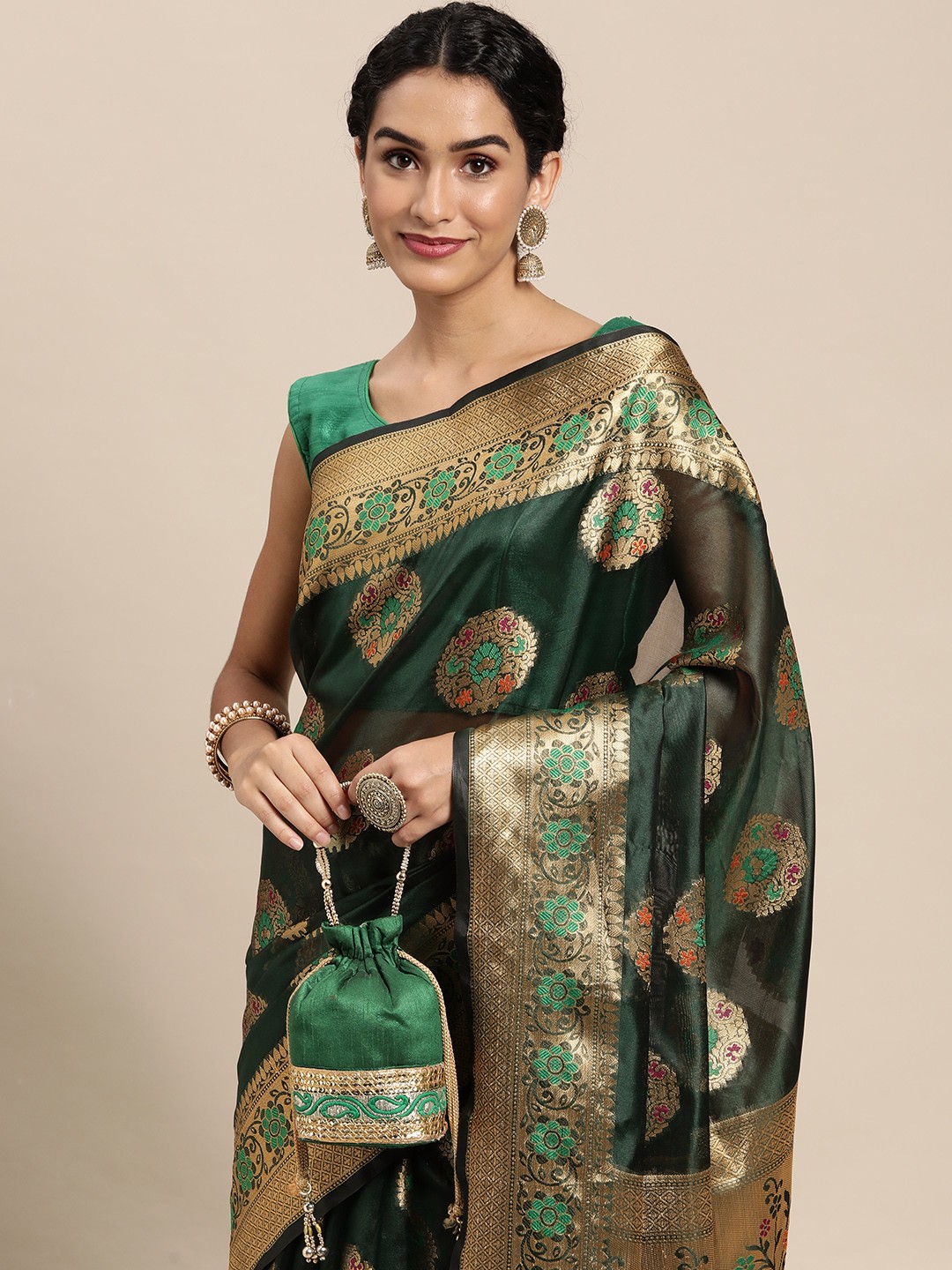 

Mitera Green Ethnic Motifs Zari Organza Kanjeevaram Saree