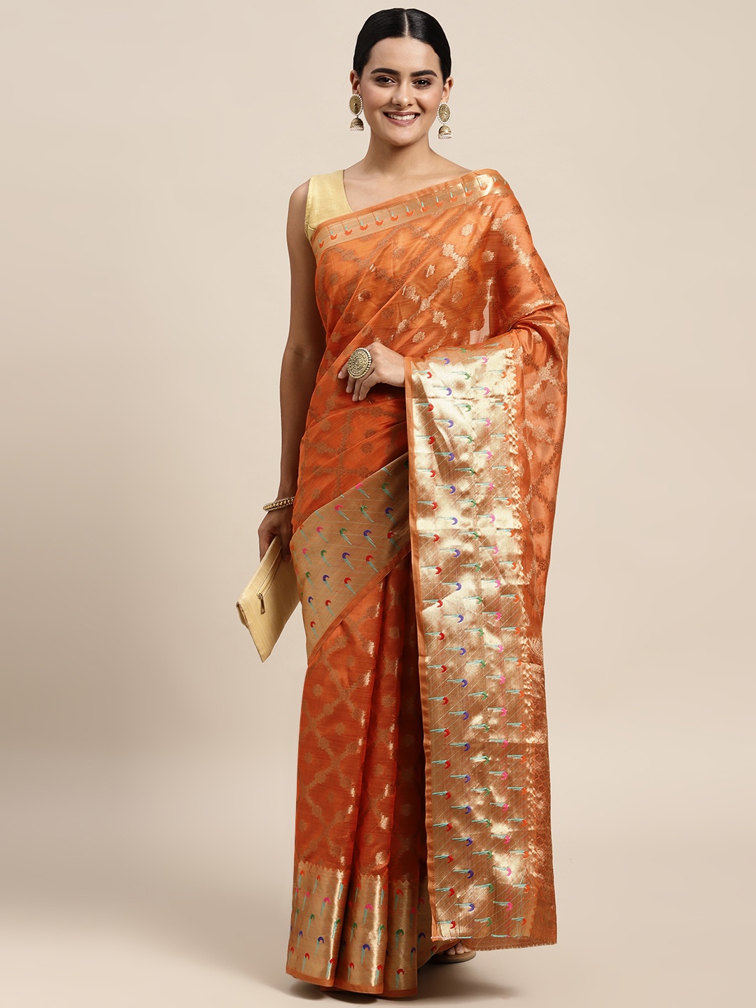 

Mitera Orange Ethnic Motifs Zari Organza Kanjeevaram Saree
