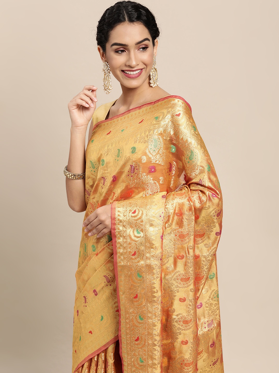 

Mitera Coral & Gold-Toned Ethnic Motifs Zari Organza Saree