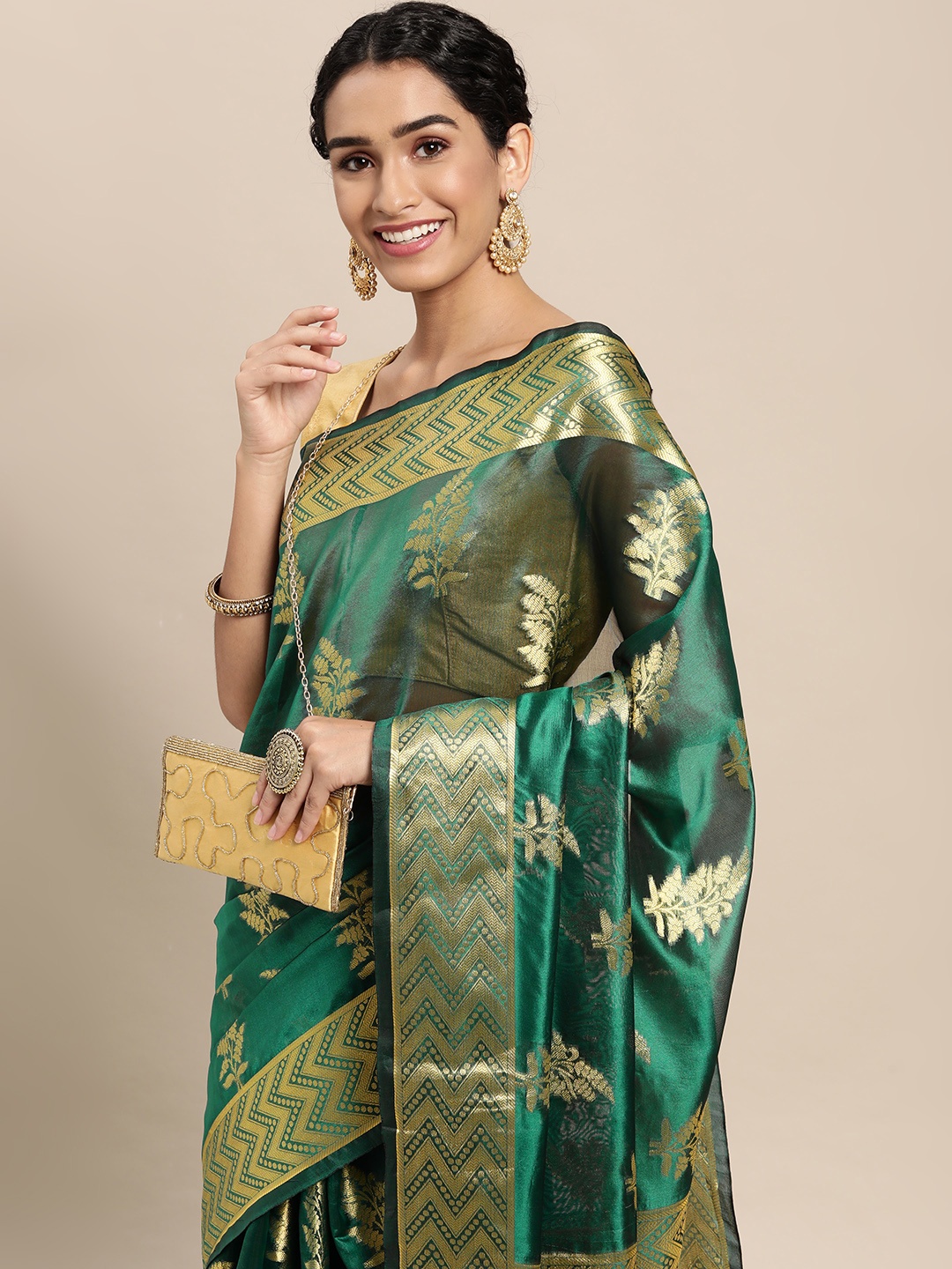 

Mitera Green & Gold-Toned Ethnic Motifs Zari Organza Saree