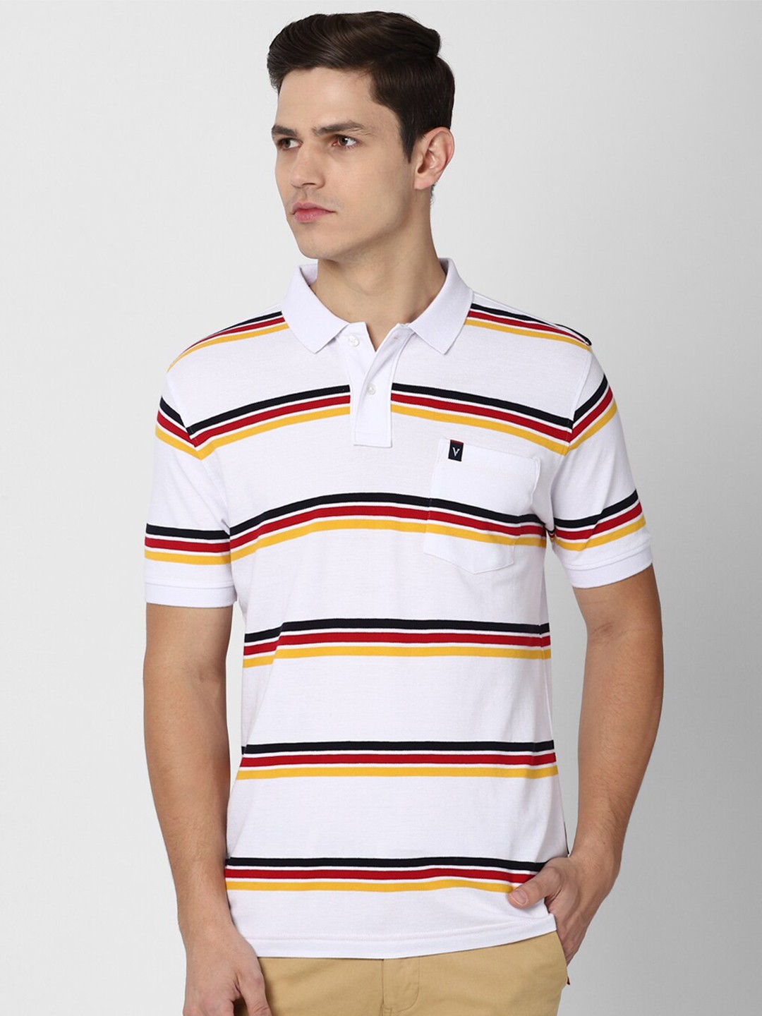 

Van Heusen Sport Men White & Mustard Yellow Striped Cotton Polo Collar T-shirt
