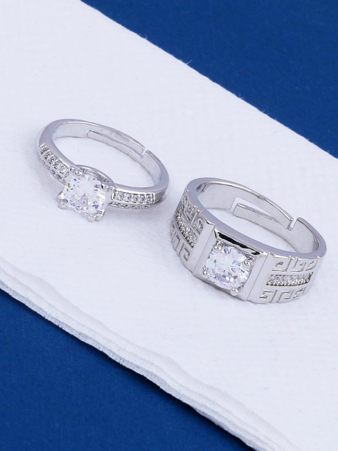 

Silver Shine Set Of 2 Silver-Plated & Stone Studded Adjustable Couple Ring