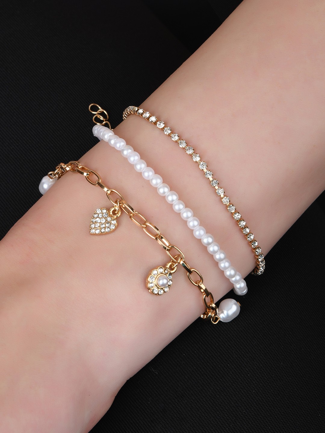 

Lilly & sparkle Women 3 Gold-Toned Cup Chain, Crystal Studded & Pearl Link Bracelet