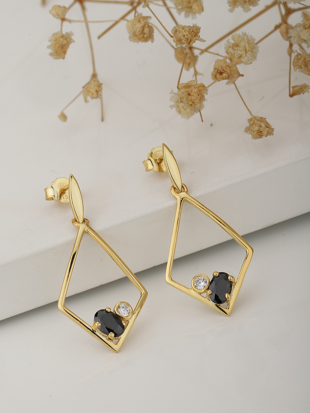 

Carlton London 925 Sterling Silver Gold-Toned & Green Geometric Drop Earrings