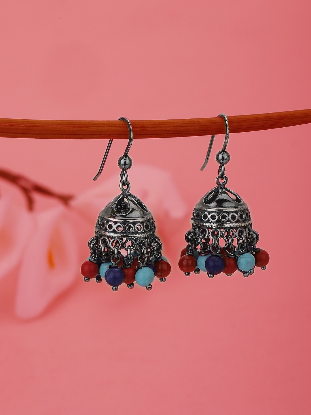 

Carlton London Silver-Toned & Blue Dome Shaped Jhumkas Earrings