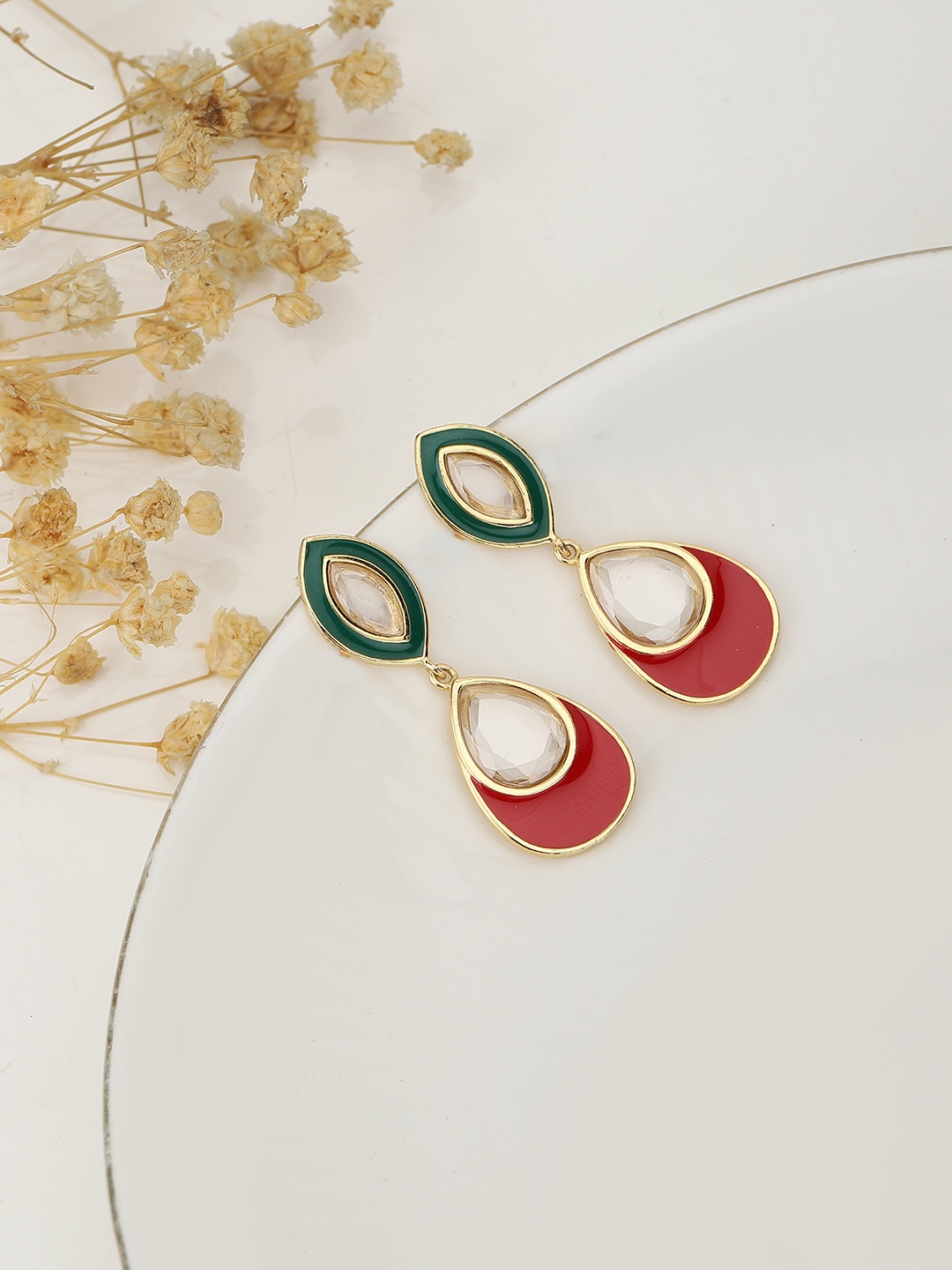 

Carlton London Gold-Toned & Red Teardrop Shaped Drop Earrings