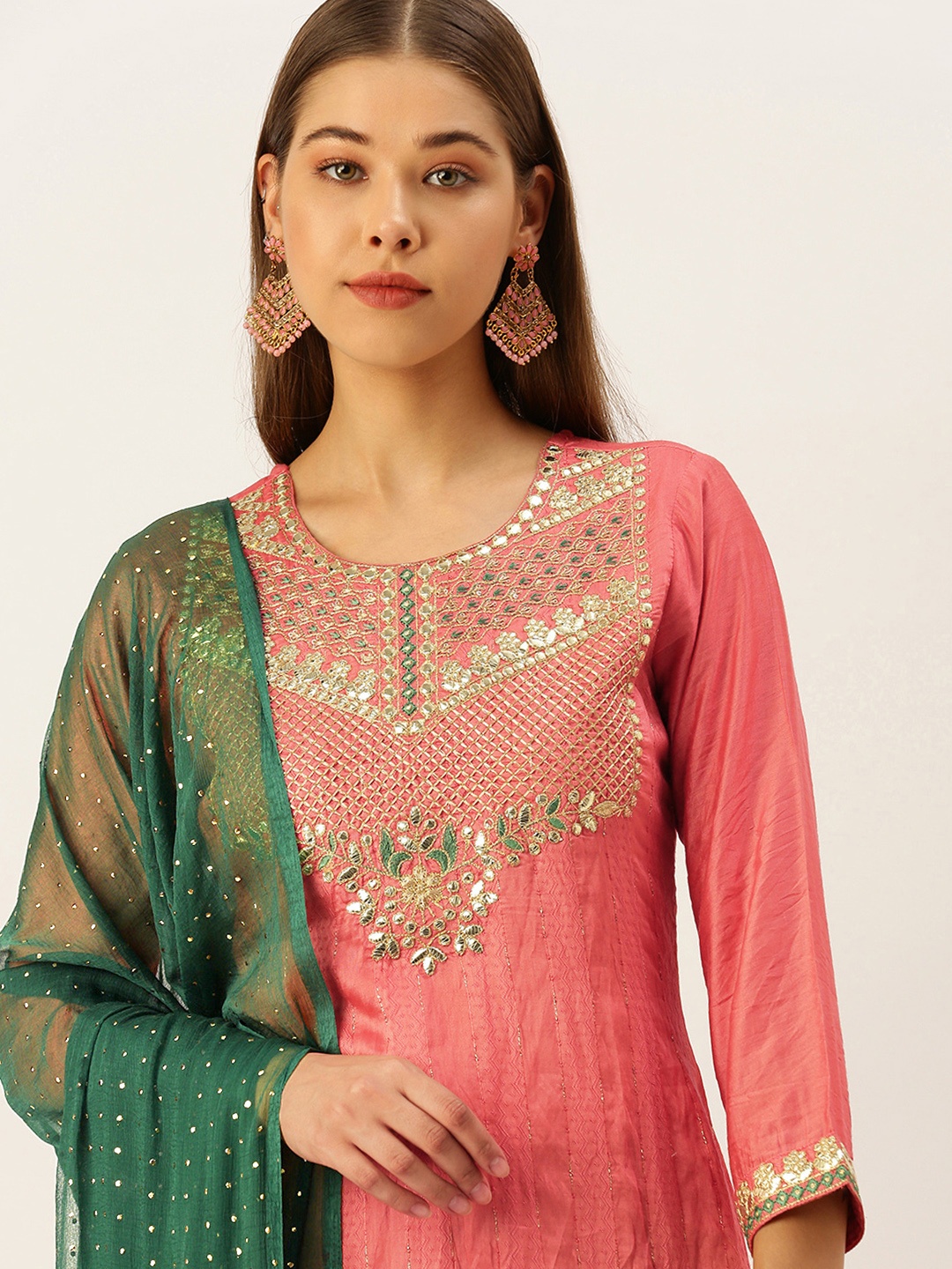 

SWAGG INDIA Women Peach-Coloured Ethnic Motifs Embroidered Sequinned Liva Kurta with Trousers & With Dupatta