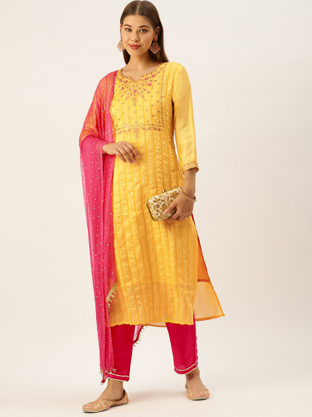 

SWAGG INDIA Women Yellow Ethnic Motifs Embroidered Sequinned Liva Kurta with Trousers & With Dupatta