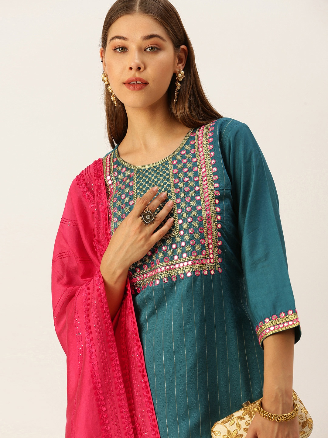 

SWAGG INDIA Women Teal Blue Mirror Work Liva Kurta with Trousers & With Dupatta