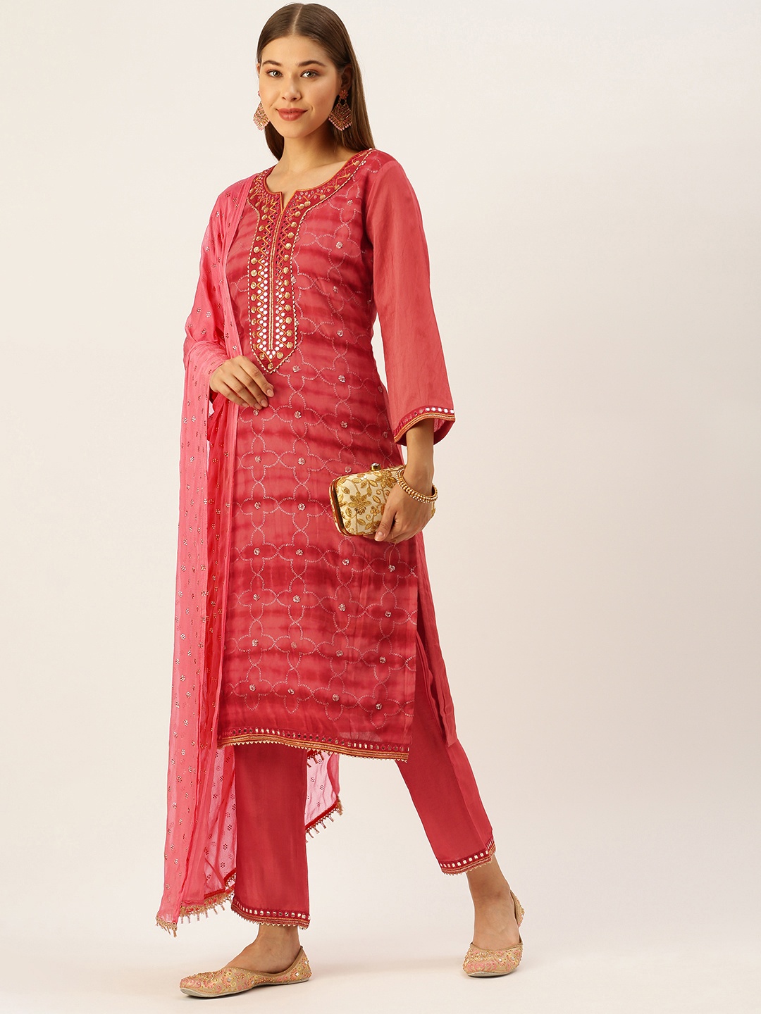 

SWAGG INDIA Women Red Ethnic Motifs Embroidered Sequinned Liva Kurta with Trousers & With Dupatta