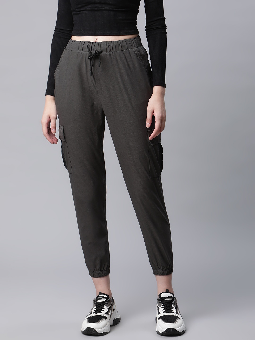 

RIVI Women Grey Relaxed Cotton Cargos Trousers