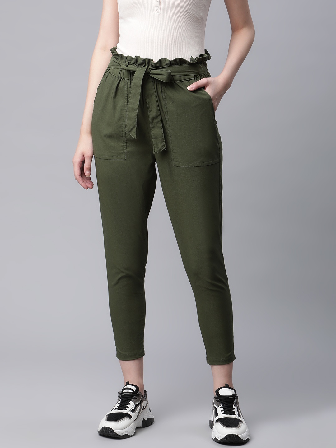 

RIVI Women Green Cropped Paper Bag Knot Tapered Fit Cotton Trousers