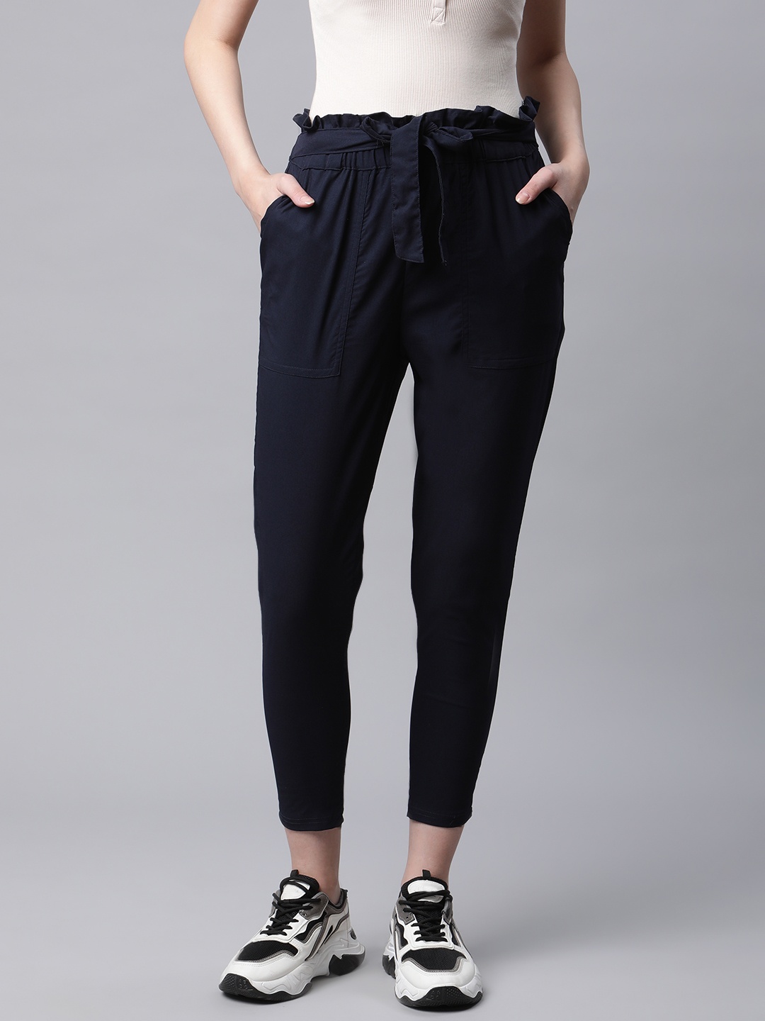 

RIVI Women Navy Blue Tapered Fit Cotton Peg Trousers
