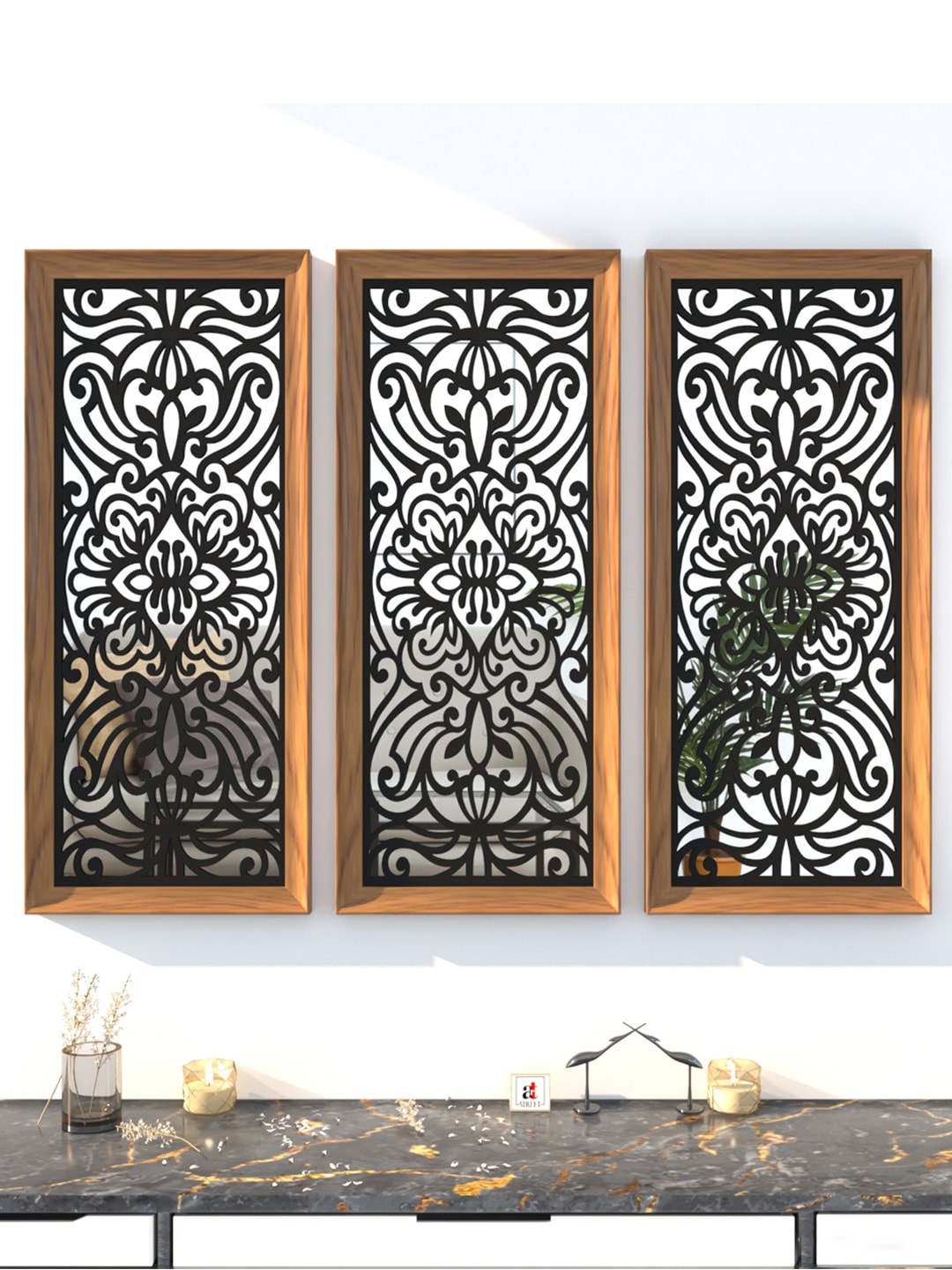 

Art Street Set Of 3 Gold-Colored & Black Floral Design Wall Mirrors