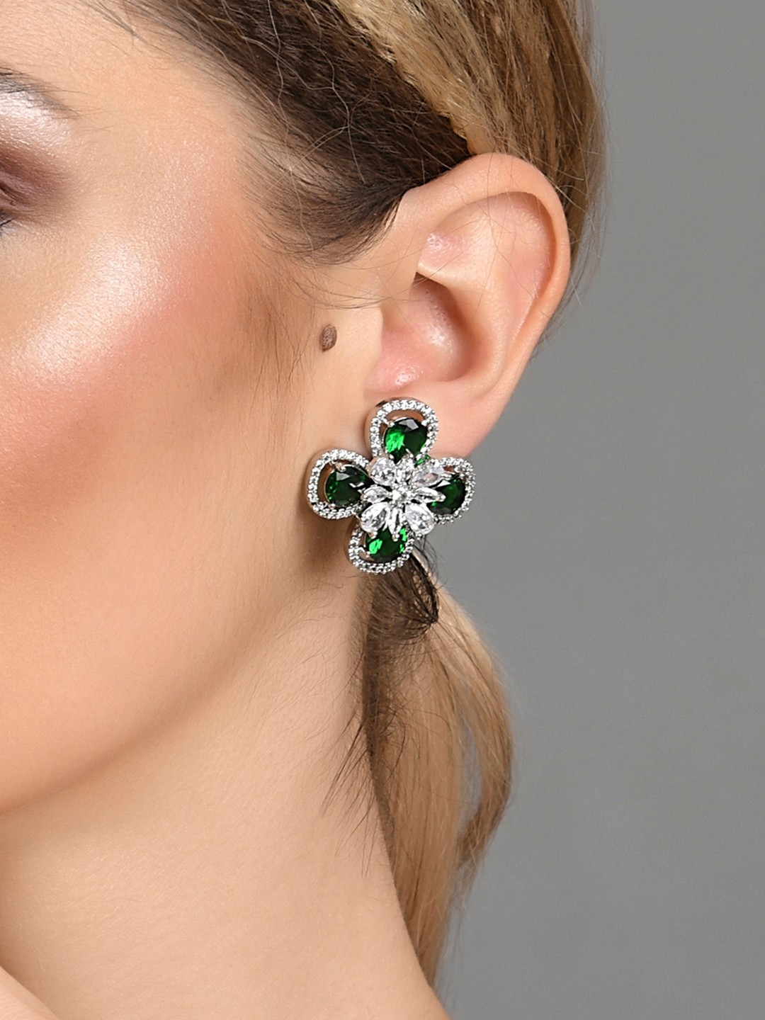 

Fida Green Floral Rhodium-Plated American Diamond Studs Earrings