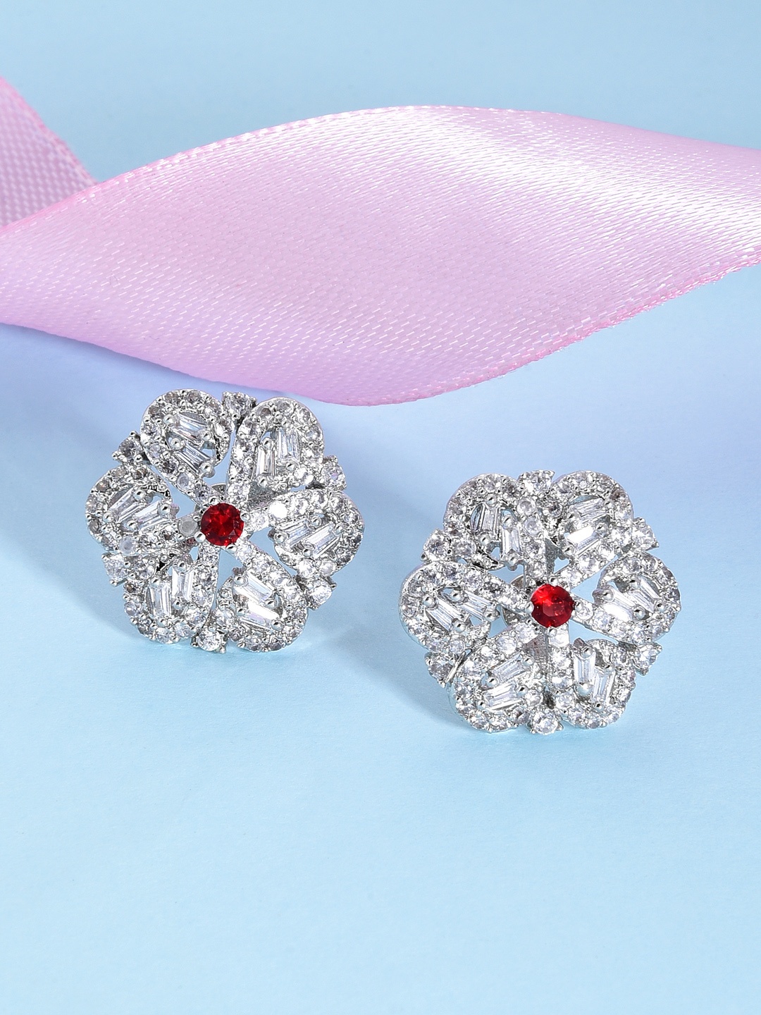 

Fida Red Rhodium-Plated Floral Studs Earrings