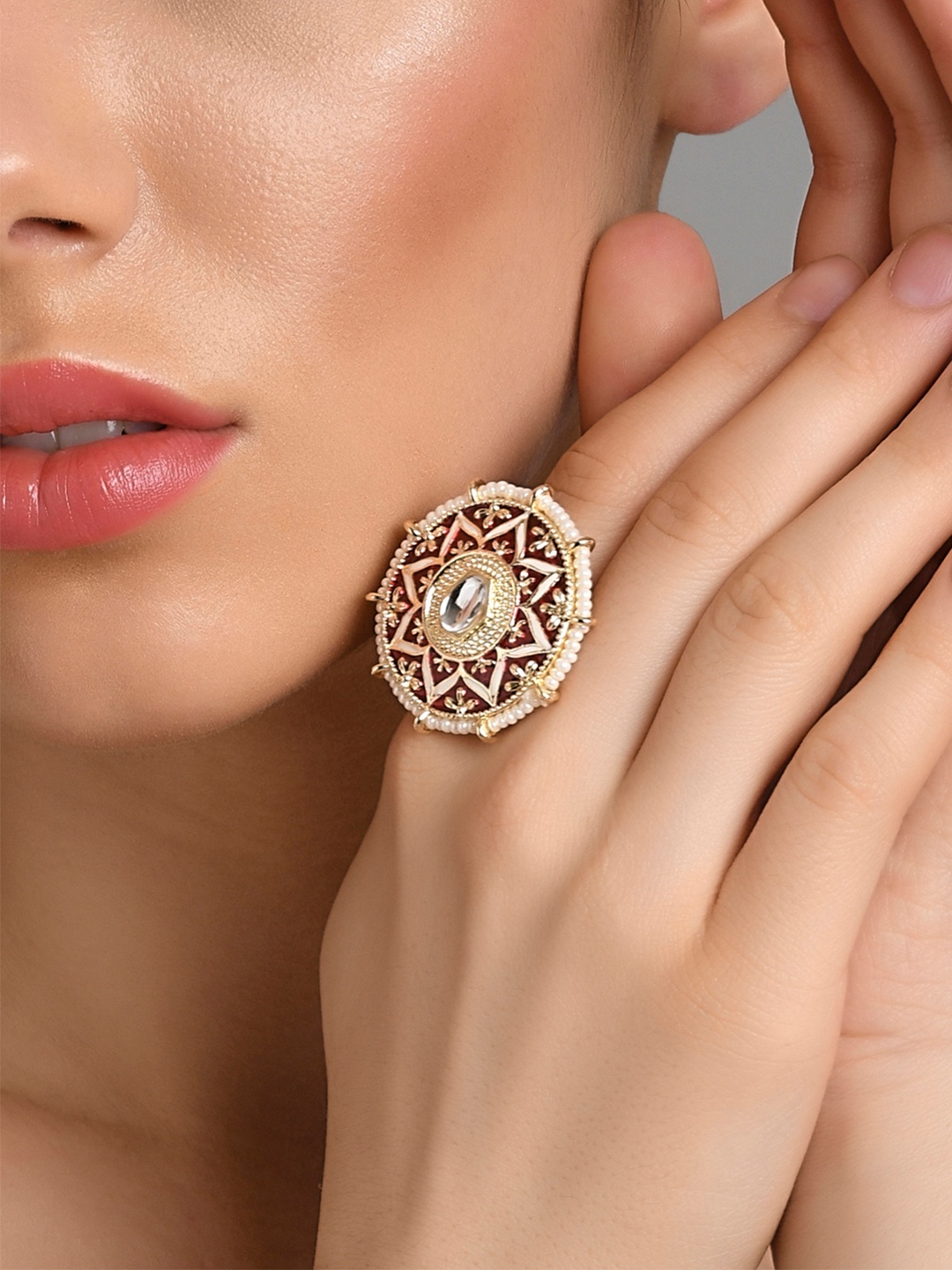 

Fida Women Gold Plated Red Kundan-Studded & Pearl Beaded Finger Ring