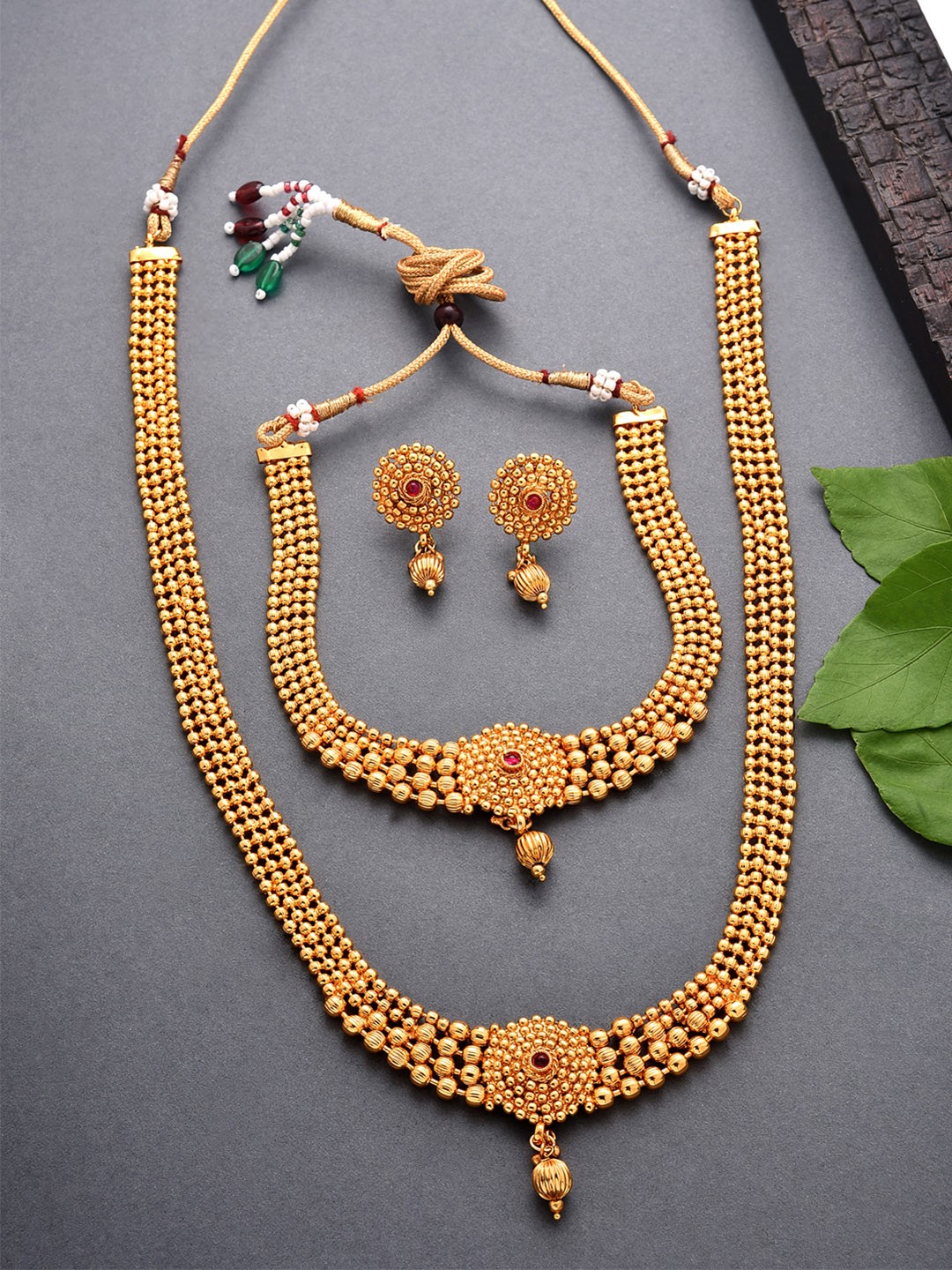 

Fida Gold-Plated & Red Stone Studded & Beaded Handcrafted Jewellery Set