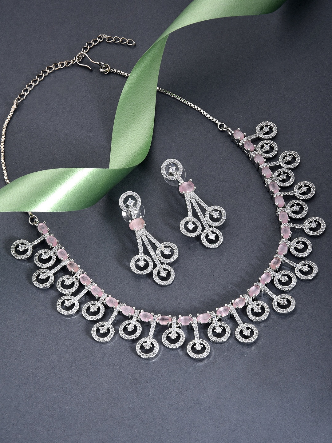 

Fida Rhodium-Plated Pink & White AD Studded Jewellery Set